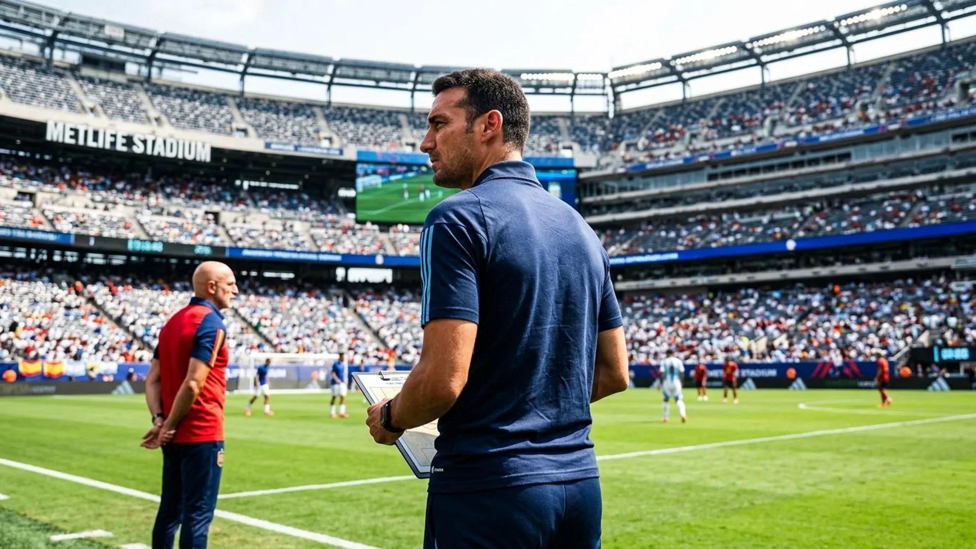 En fotballtrener står med ryggen til kameraet, mens han observerer kampen i MetLife Stadium.