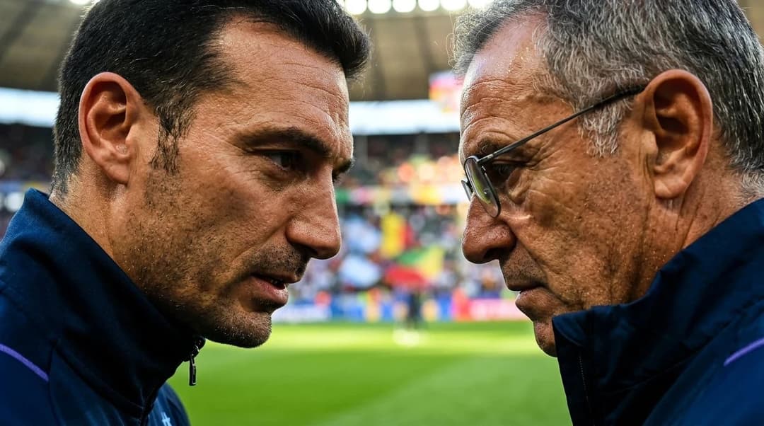 A close-up of two football managers in deep conversation at a World Cup final, with a blurred stadium background.