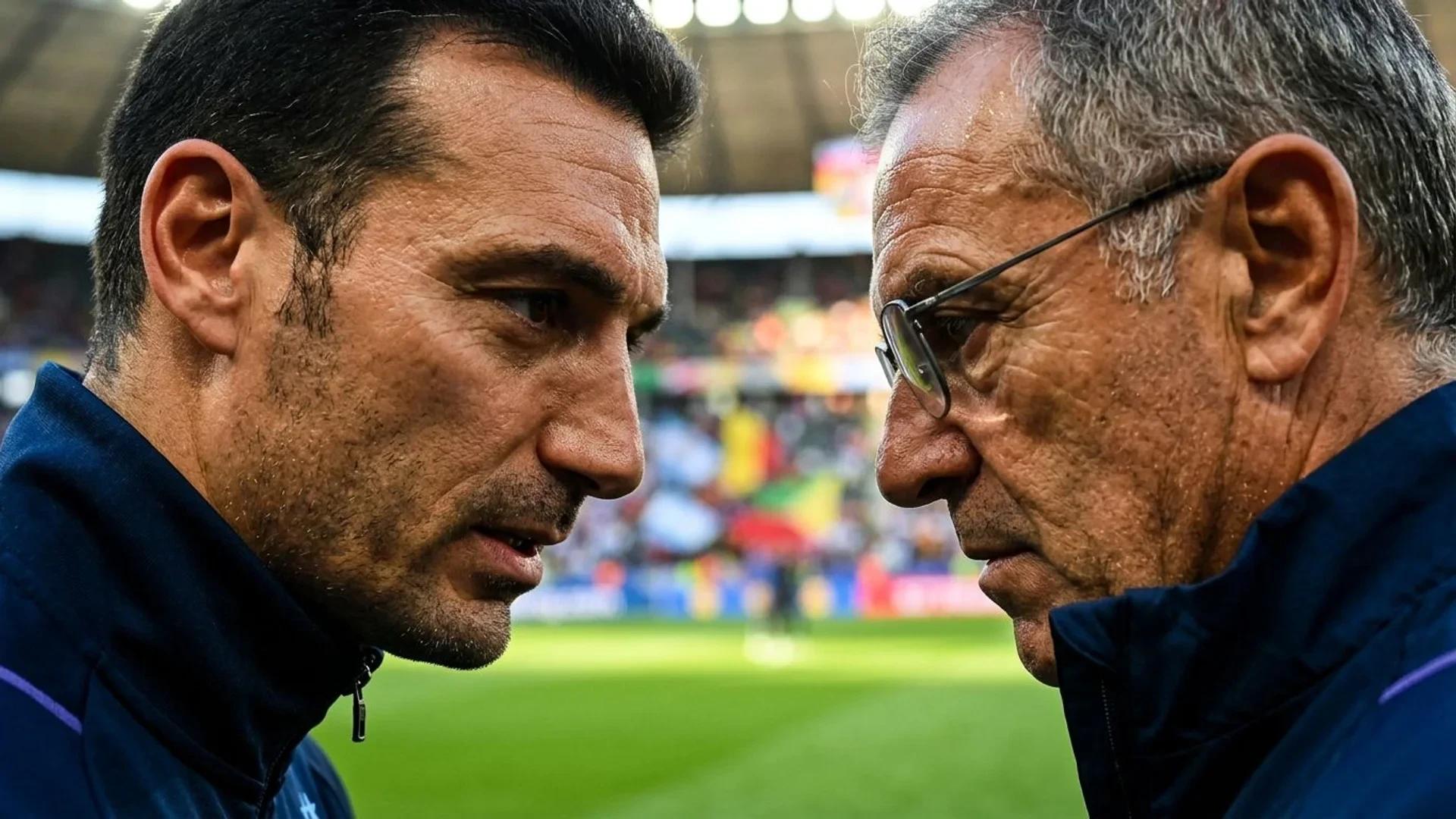 A close-up of two football managers in deep conversation at a World Cup final, with a blurred stadium background.
