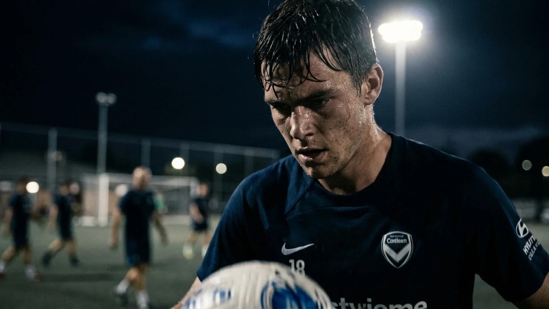 Close-up of Tynan Thompson during a training session, illuminated by a spotlight.