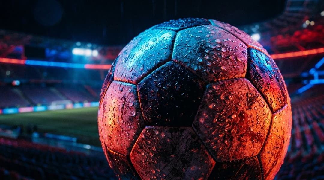 Extreme close-up of a soccer ball under neon lights.