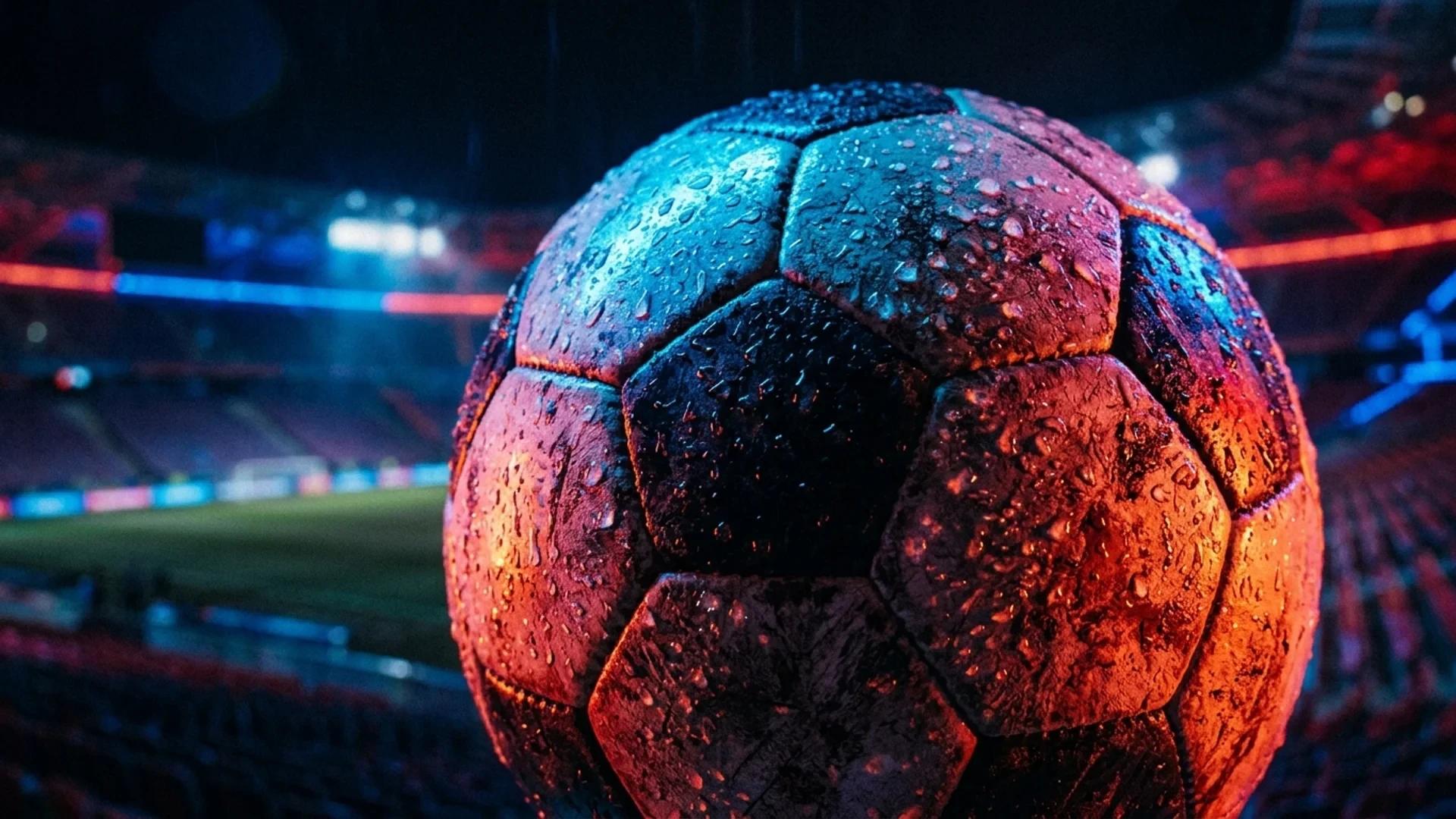 Extreme close-up of a soccer ball under neon lights.