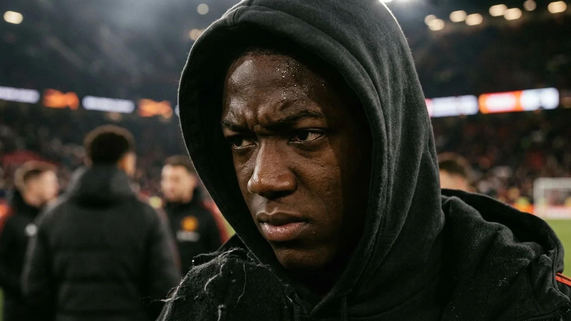 Close-up of a young male football player with a hood, showing facial expressions of frustration.