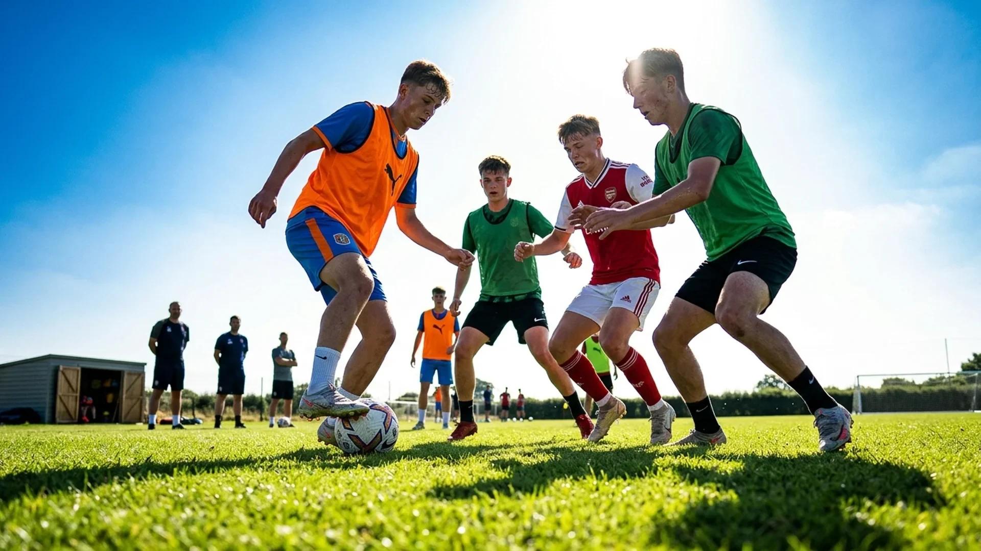 En gruppe unge fotballspillere trener på en solfylt bane, sett fra lav vinkel.