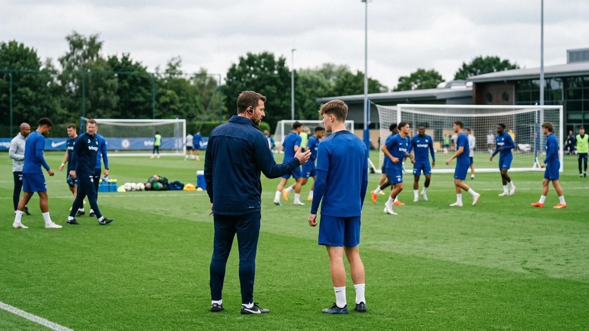 En trener snakker med spiller Archie Brown på en trening.
