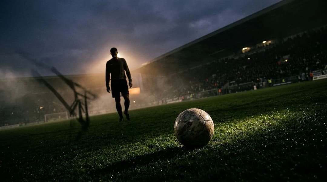 A dramatic football pitch at dusk with a solitary football in the foreground and a player silhouetted in the distance.