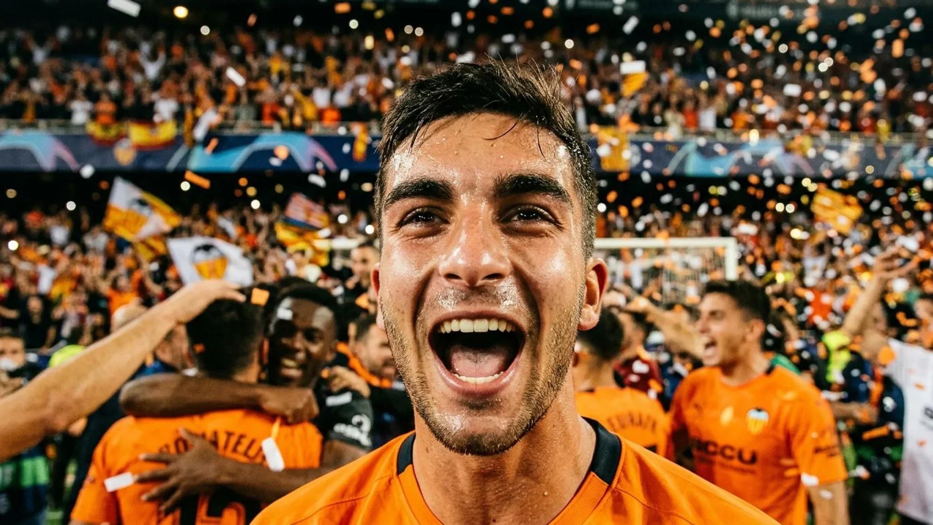 Nærbilde av Ferran Torres med en gledelig uttrykk i et fylt stadion.