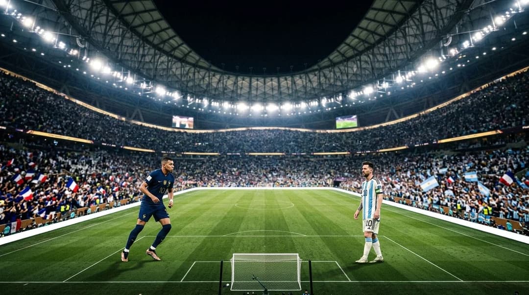 En vidvinkelscene av Kylian Mbappé og Lionel Messi før VM-finalen.