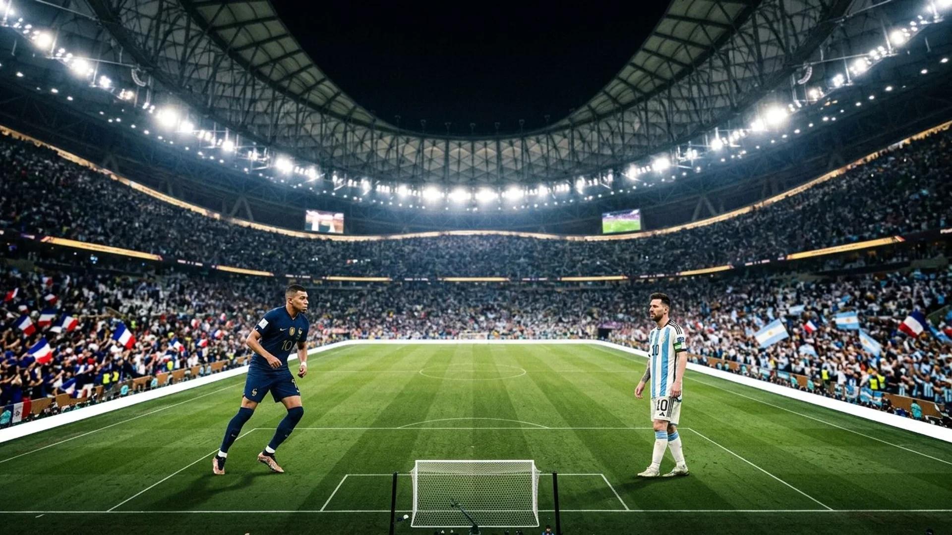 En vidvinkelscene av Kylian Mbappé og Lionel Messi før VM-finalen.
