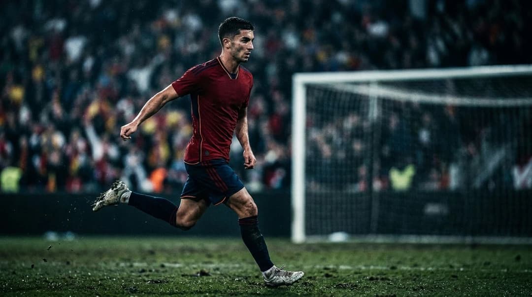 A football player poised to shoot during a tense World Cup final, captured from a low angle with dramatic lighting.