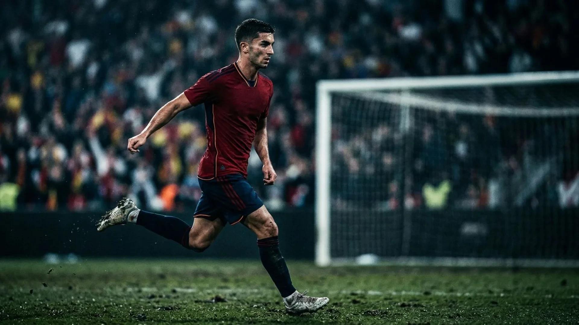 A football player poised to shoot during a tense World Cup final, captured from a low angle with dramatic lighting.