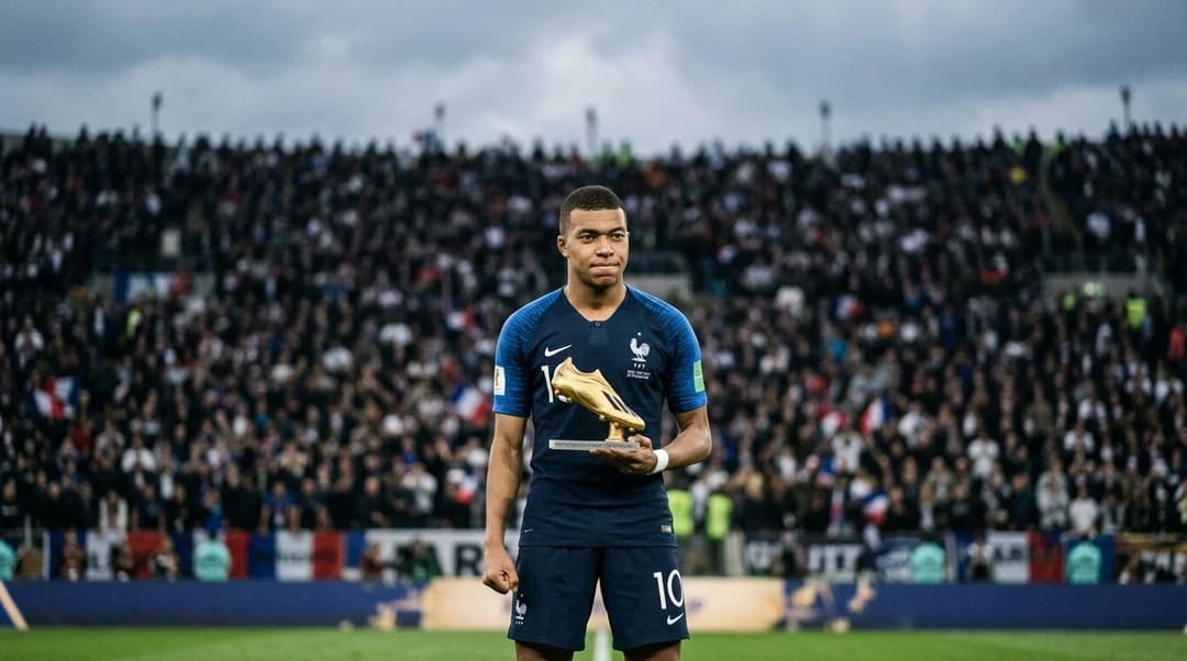 Kylian Mbappe holding the Golden Boot, standing contemplatively in a stadium filled with blurred fans.