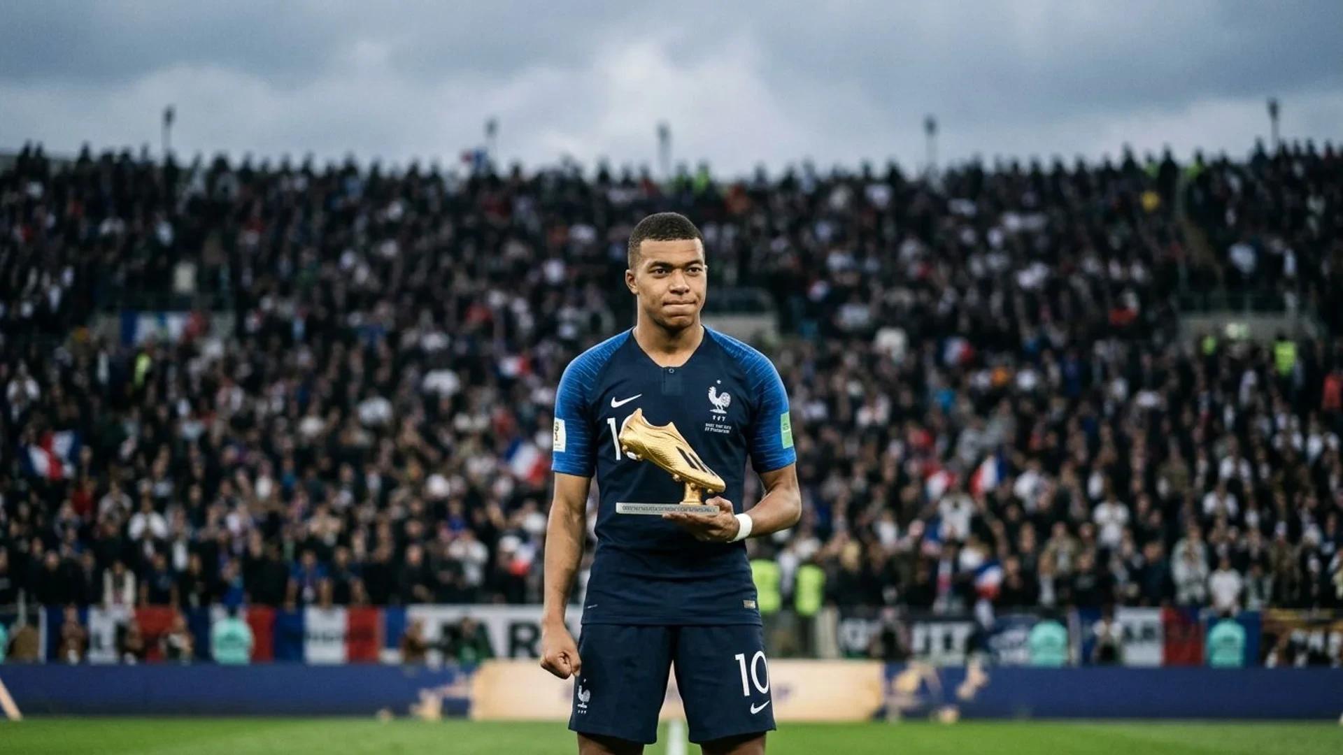 Kylian Mbappe holding the Golden Boot, standing contemplatively in a stadium filled with blurred fans.