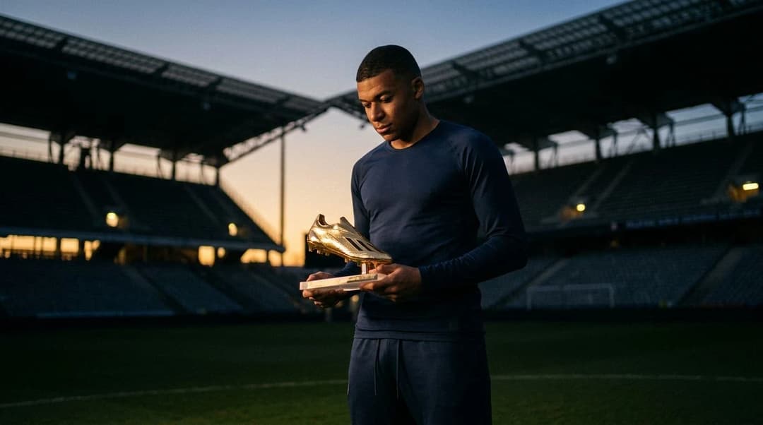 Kylian Mbappe holding his Golden Boot trophy in a dimly lit football stadium at dusk.