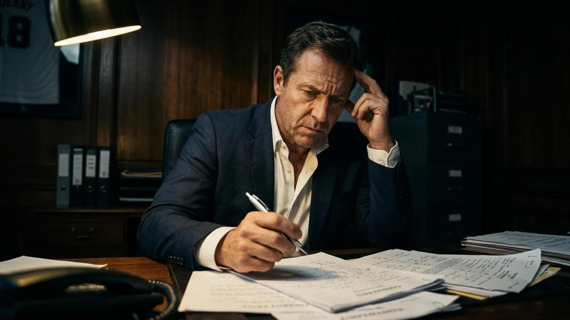 A tense sports agent illuminated by a stark spotlight in a dark office, contemplating transfer deals.