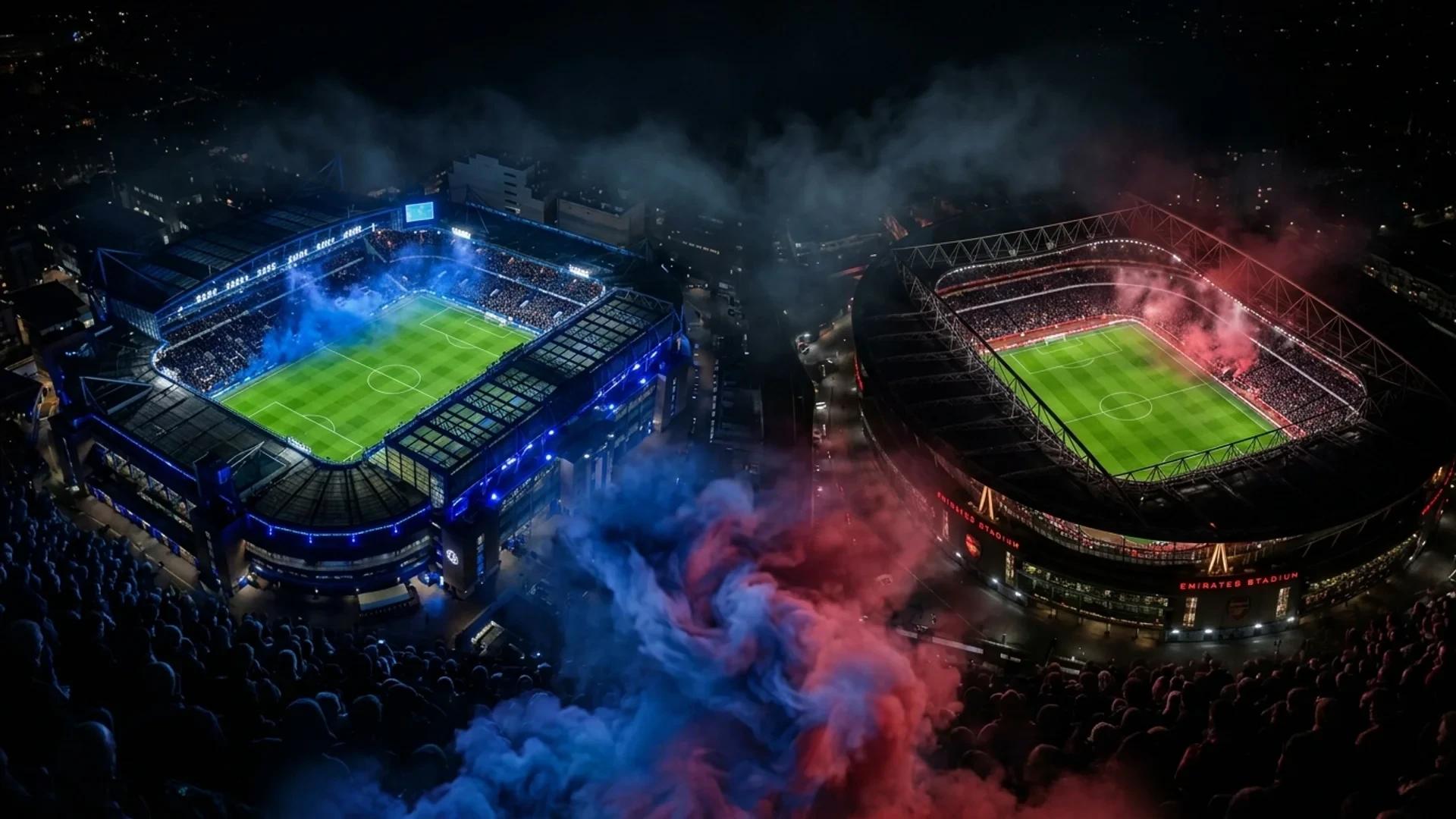 A top-down view of two contrasting football stadiums illuminated at night, with vivid smoke between them.
