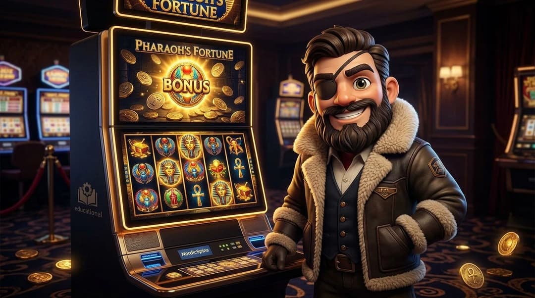 A NordicSpins mascot interacting with a slot machine that features ancient Egyptian symbols.