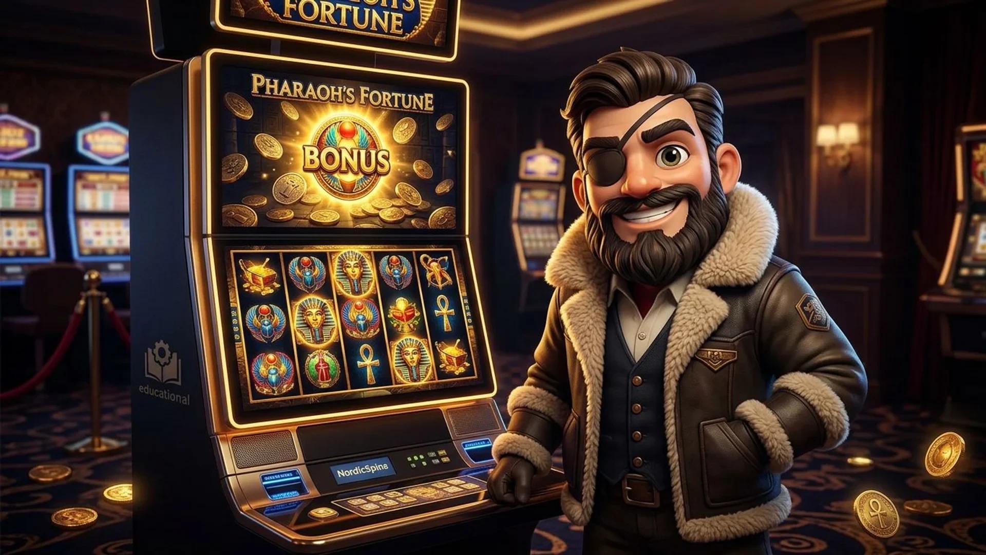 A NordicSpins mascot interacting with a slot machine that features ancient Egyptian symbols.