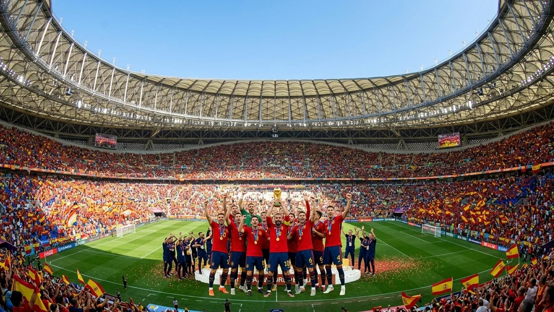 Spanske spillere feirer seieren i VM-finalen mot Argentina i et storslått stadion.