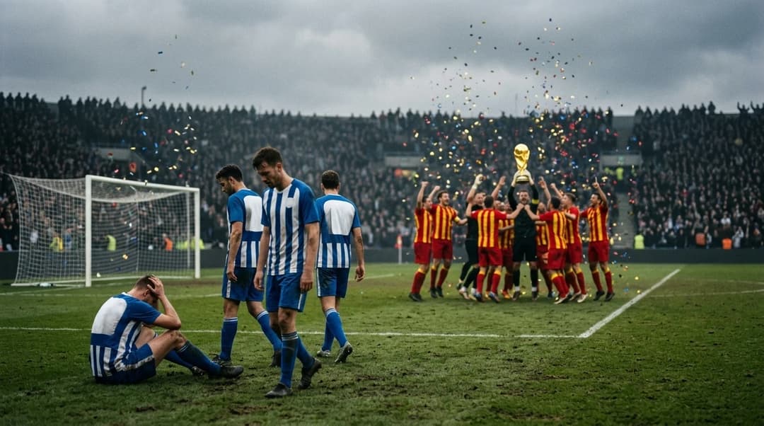 Wide shot of a football pitch showing contrasting emotions of players after a World Cup final.