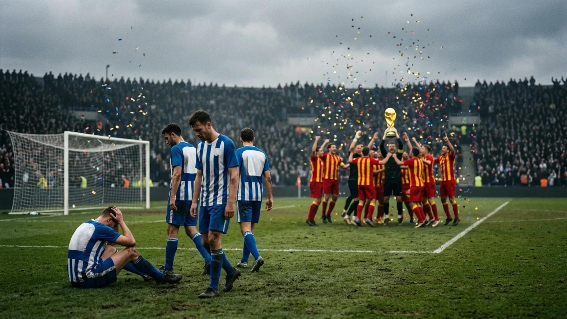 Wide shot of a football pitch showing contrasting emotions of players after a World Cup final.