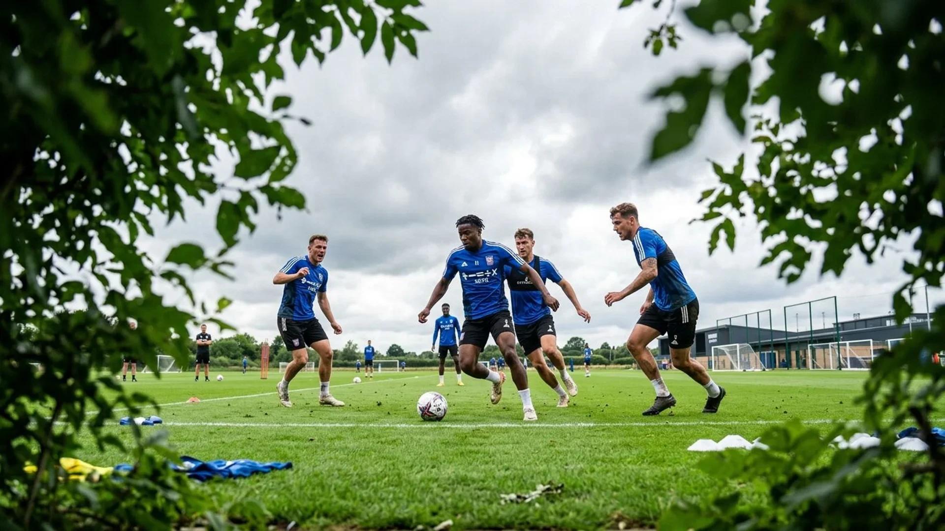 En gruppe spillere trener på Ipswich Towns treningsbane med fokus på Abdul Fatawu i forgrunnen.