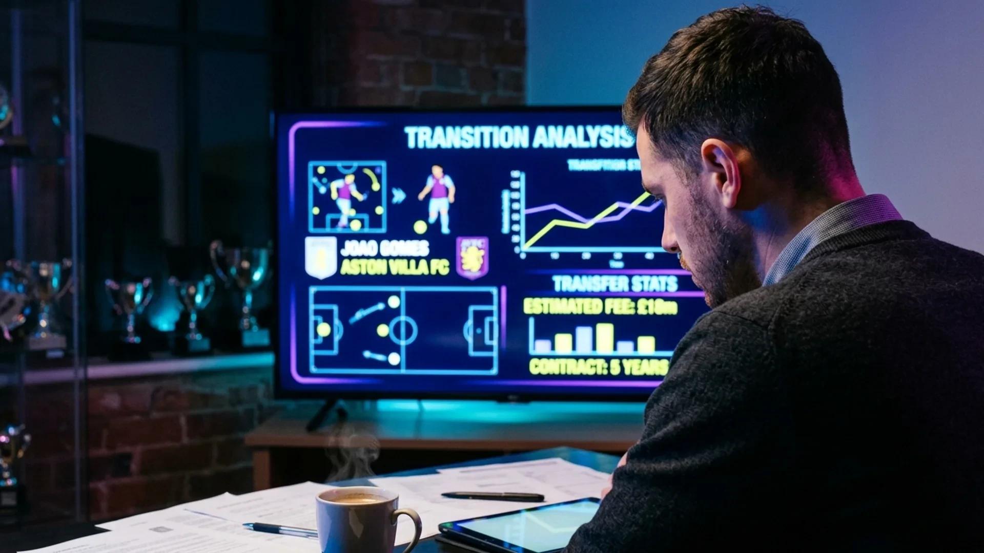 An over-the-shoulder view of a football analyst looking at a digital screen with transfer stats.