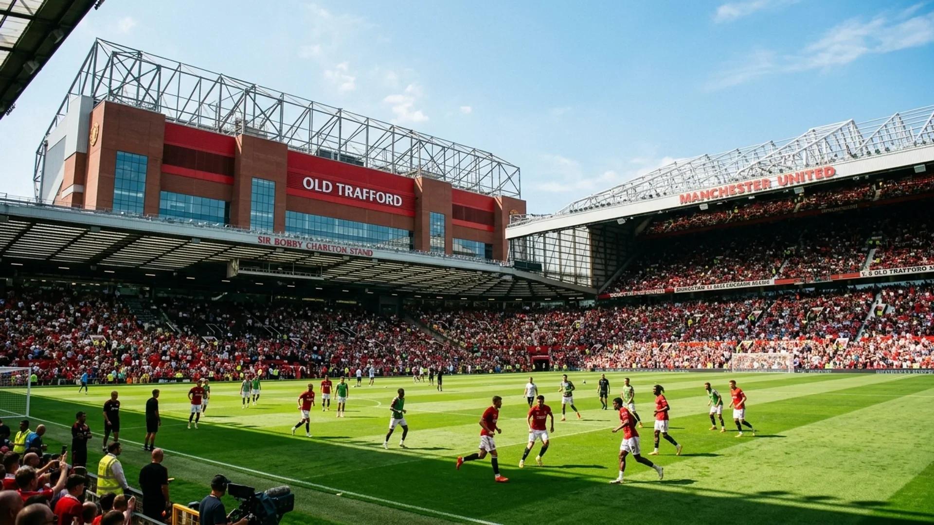 En vidvinkelbilde av Old Trafford med spillere som trener i solen.