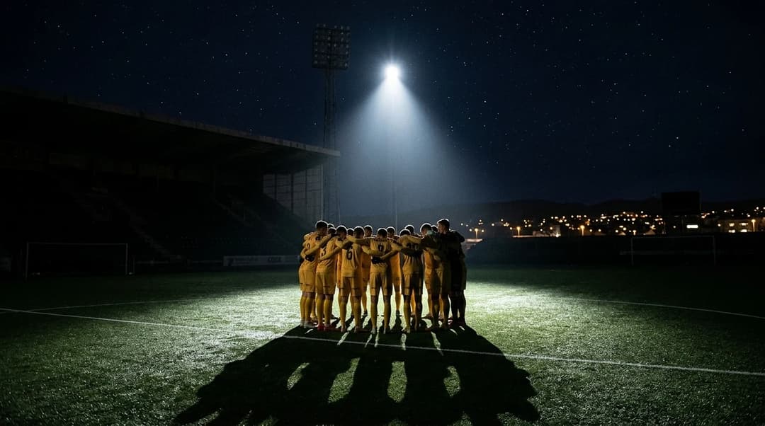 Bodø/Glimt players huddled under a spotlight in a dark stadium.