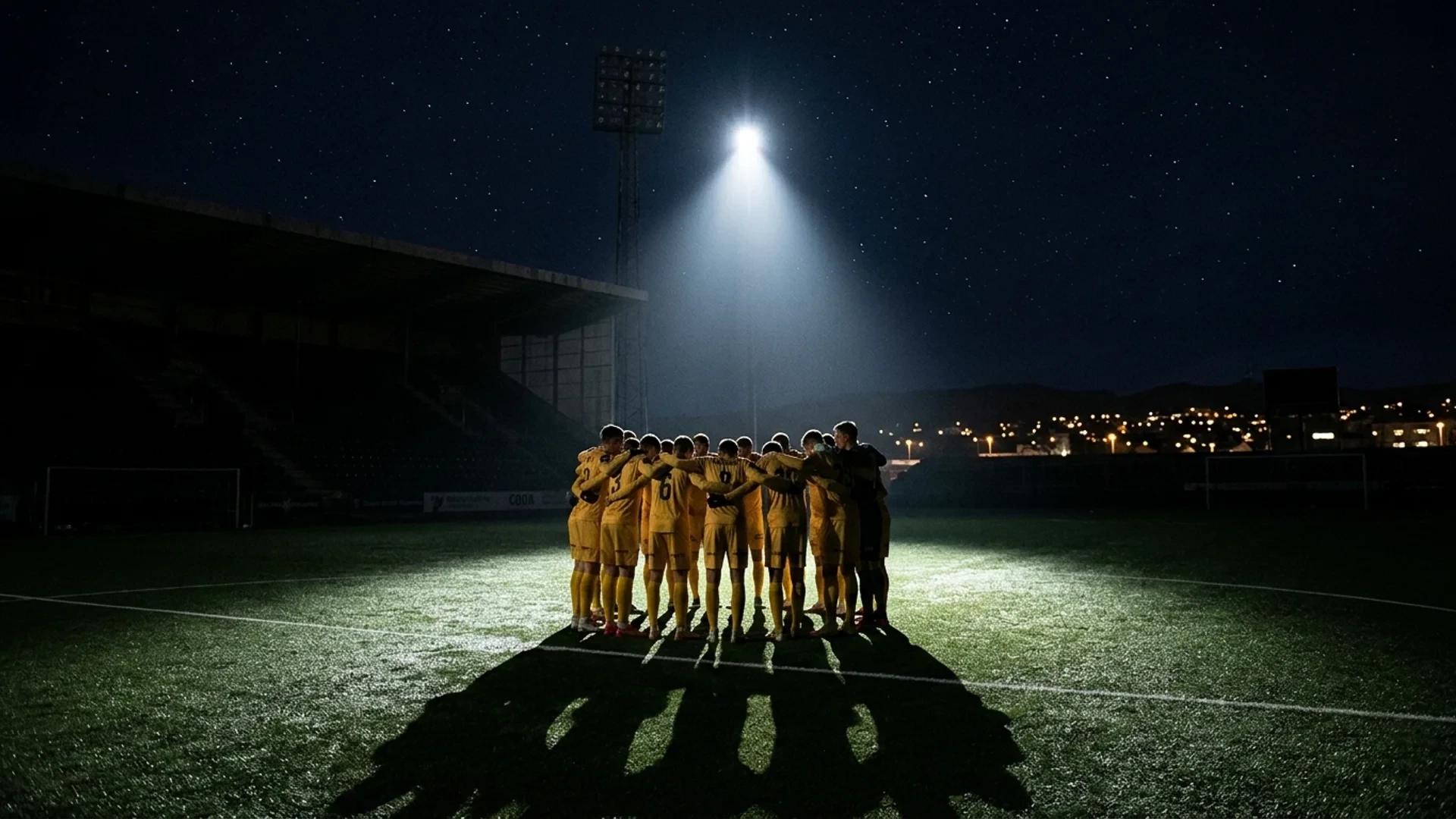 Bodø/Glimt players huddled under a spotlight in a dark stadium.