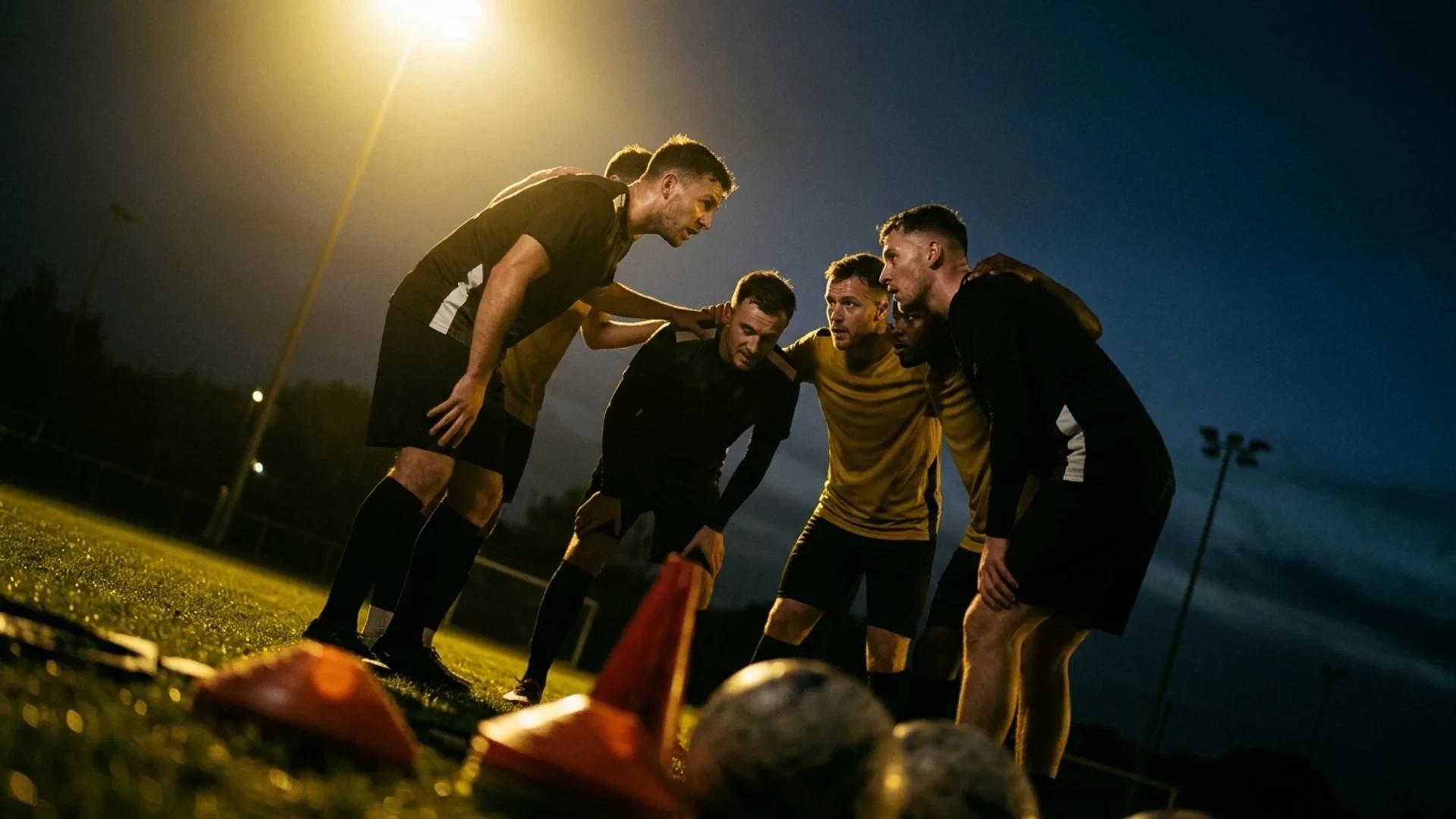A group of Bodø/Glimt players strategizing intensely during a training session under a spotlight.