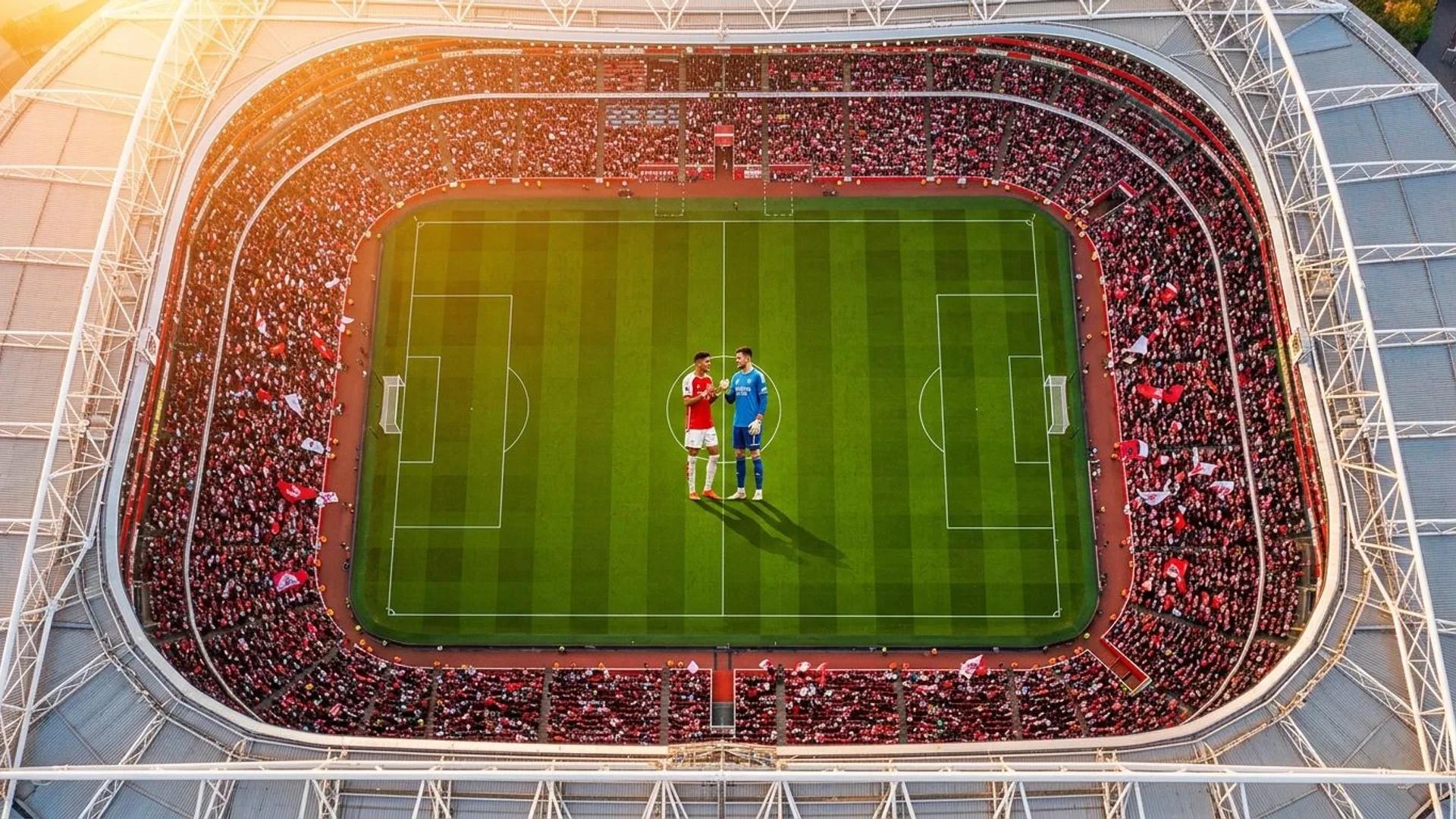 Fugleperspektiv av Emirates Stadium med spillere i sentrum.