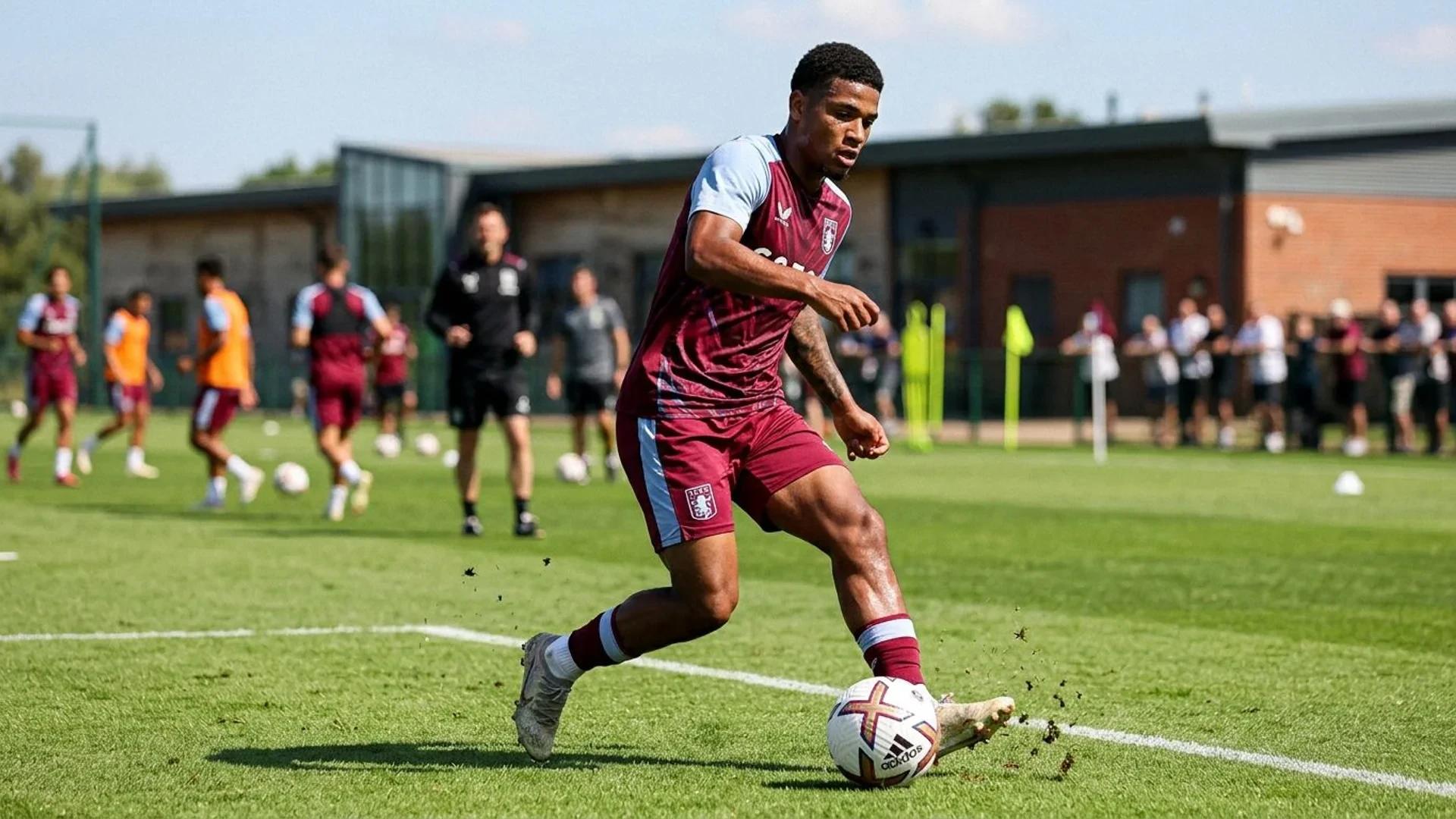 João Gomes trains at Aston Villa's training ground under harsh midday sun.