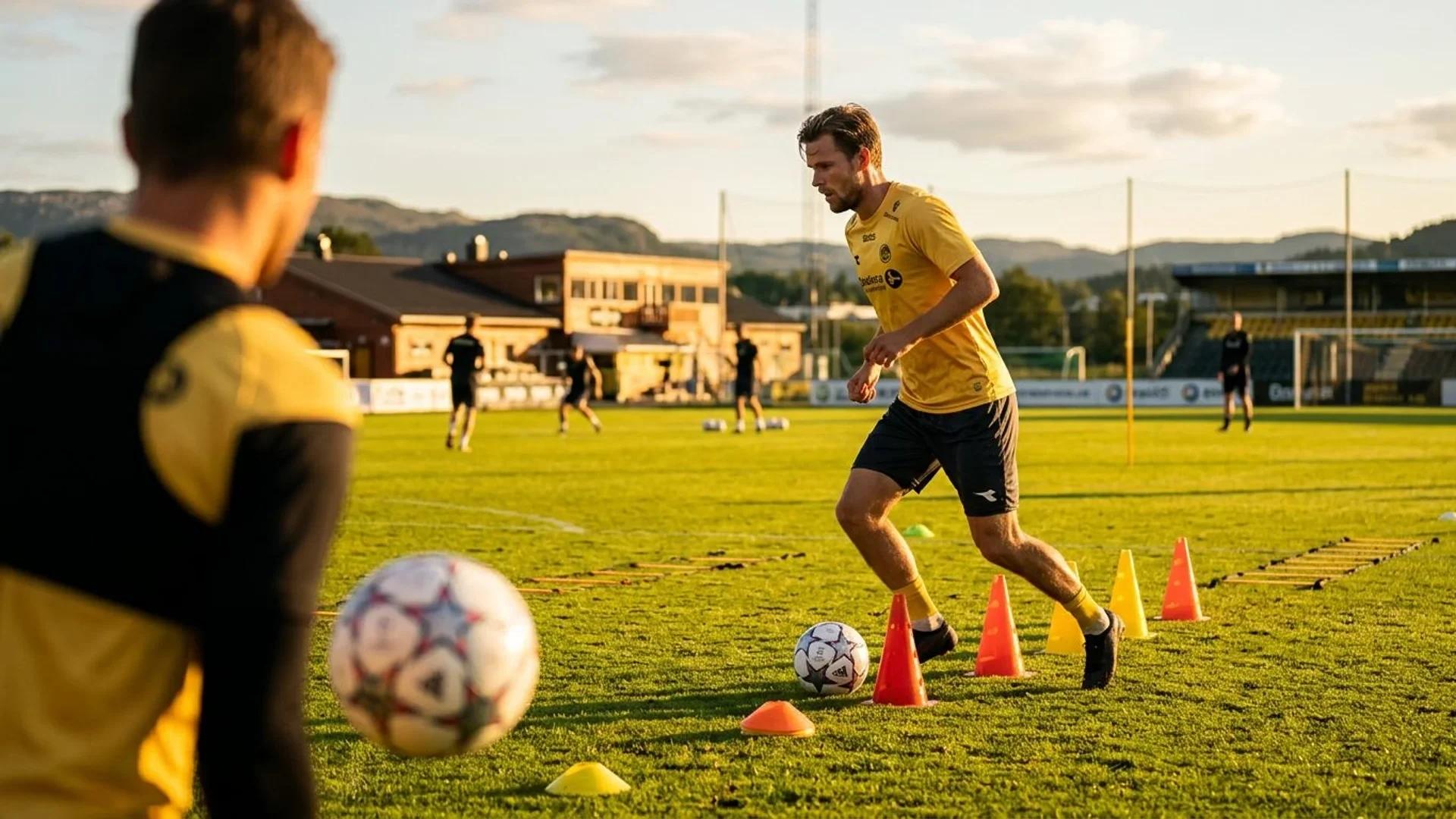 Patrick Berg training with a soccer ball on the field.