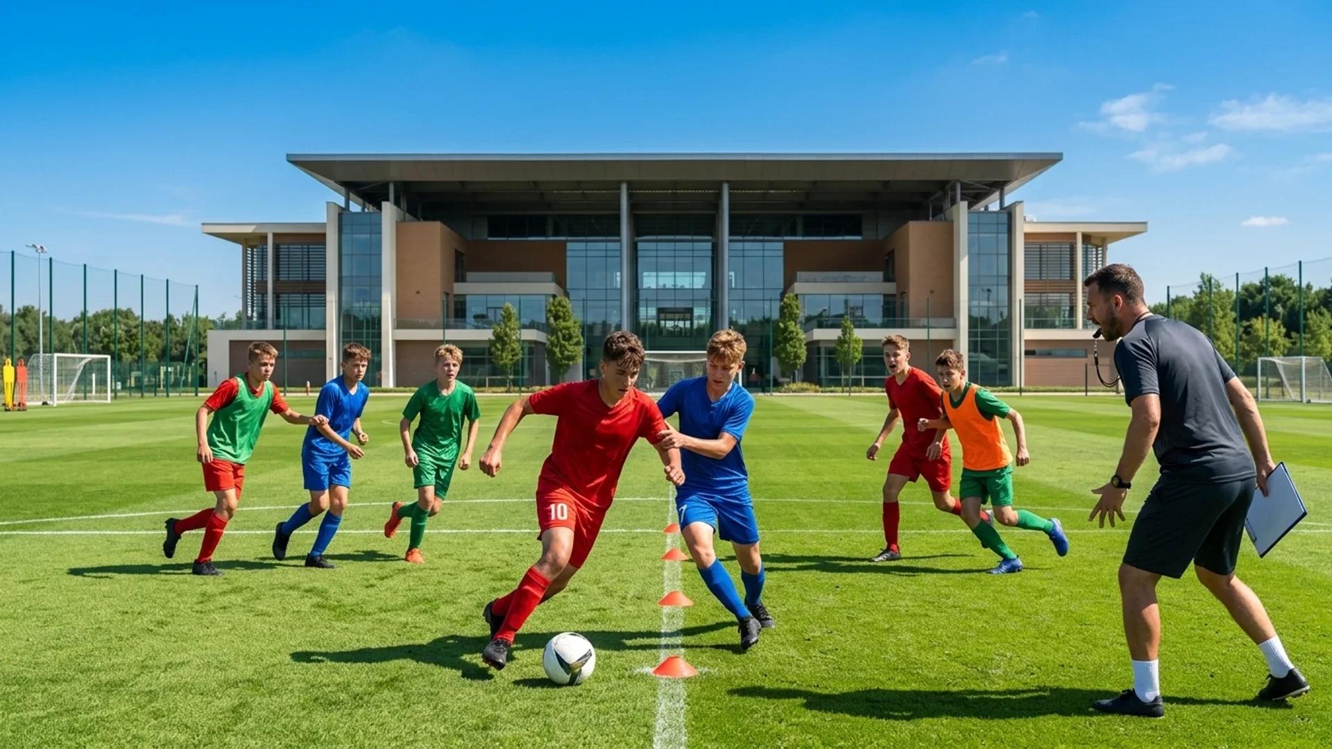 Youth footballers training energetically on a sunny pitch.