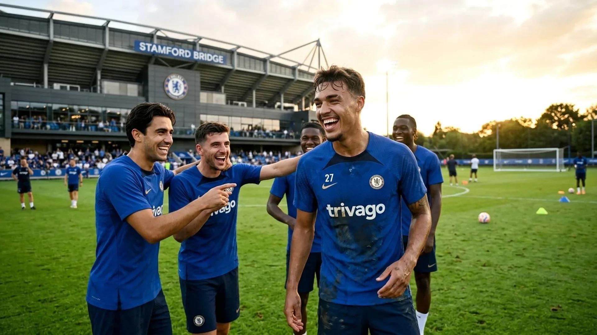 Morgan Rogers celebrating with teammates on the training pitch at Stamford Bridge, under warm afternoon lighting.