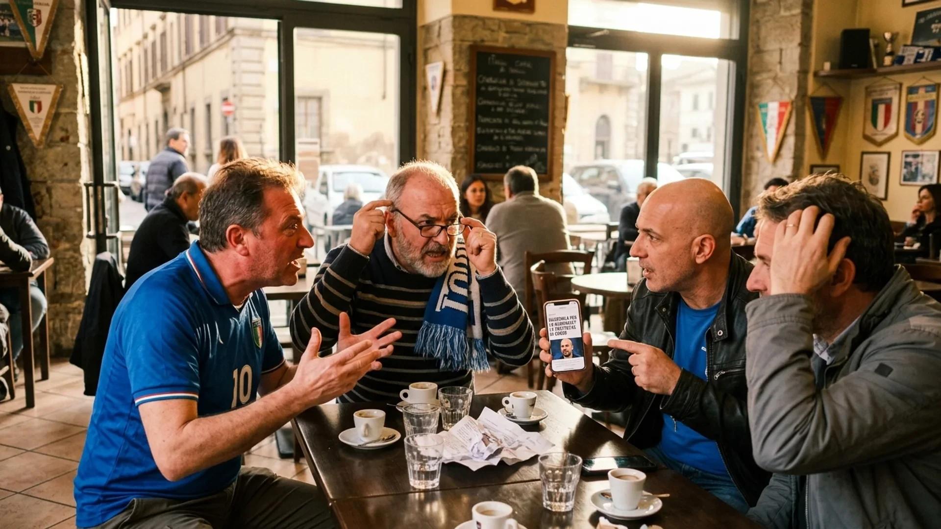 Bilde av en gruppe fotballfans som diskuterer i en kafé.
