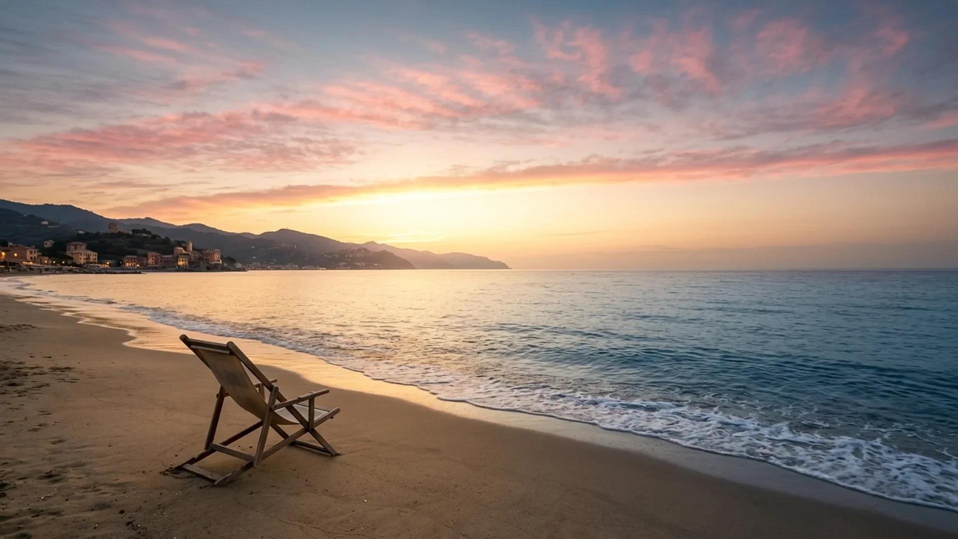 A solitary beach chair on a sandy shore during golden hour, with a tranquil sea and distant hills.