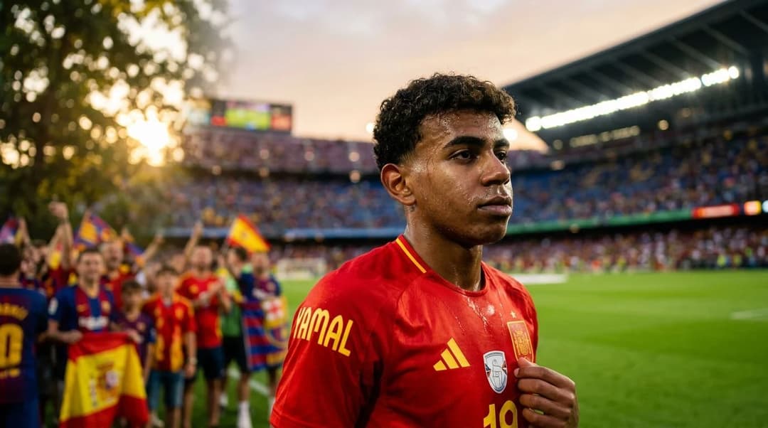 Close-up of Lamine Yamal reflecting after a football match.