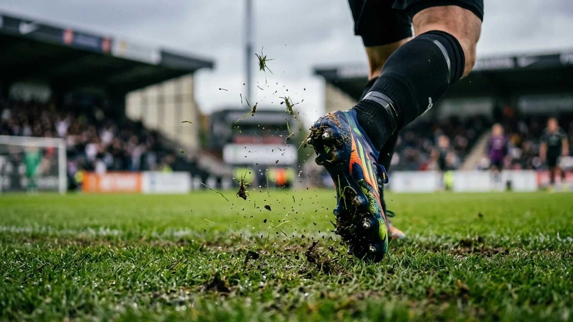 En nærbilde av en fotballspillers sko som graver i gresset på Romssa Arena.