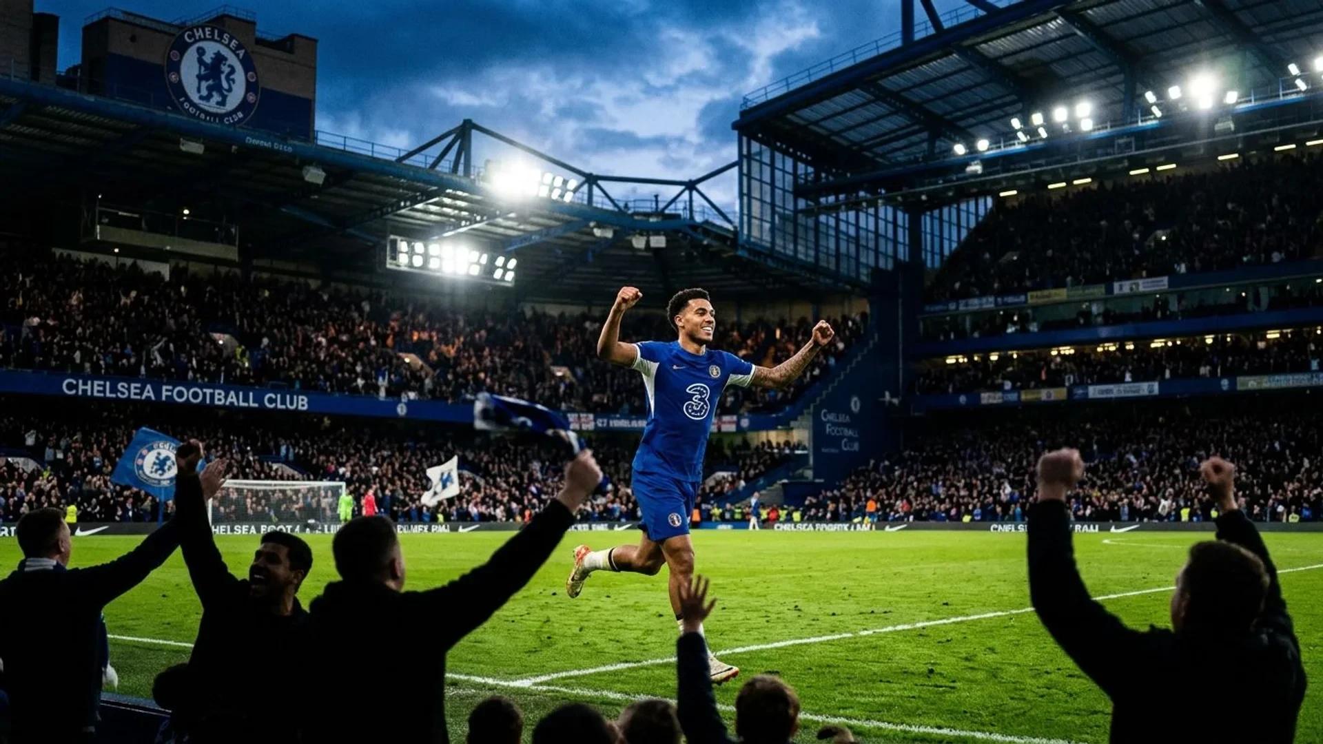 A low-angle view of Chelsea supporters cheering under a dusky sky, with Morgan Rogers in focus.