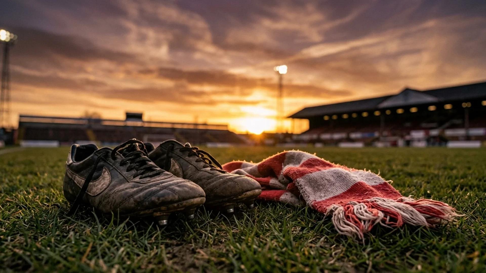 Close-up of worn football boots and a scarf on the grass at sunset.