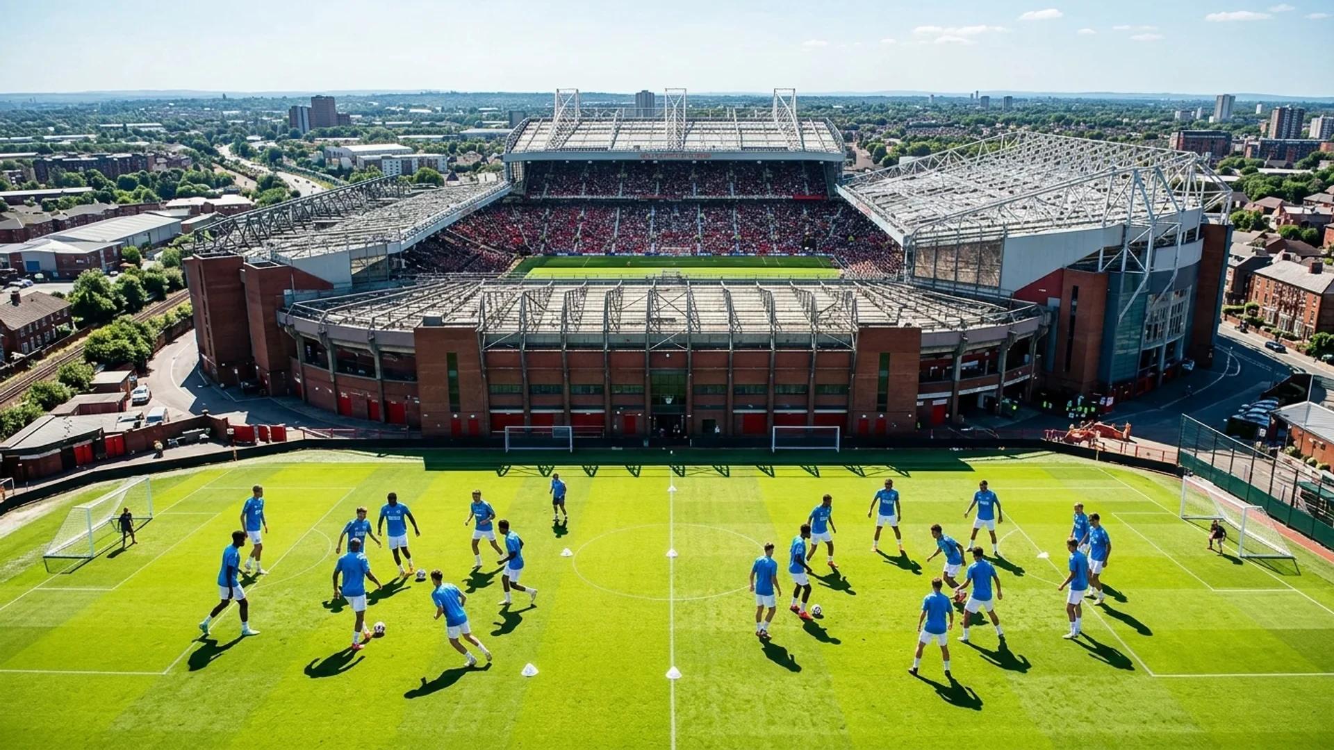 Bird's-eye view of young players training at Old Trafford under bright sunlight.