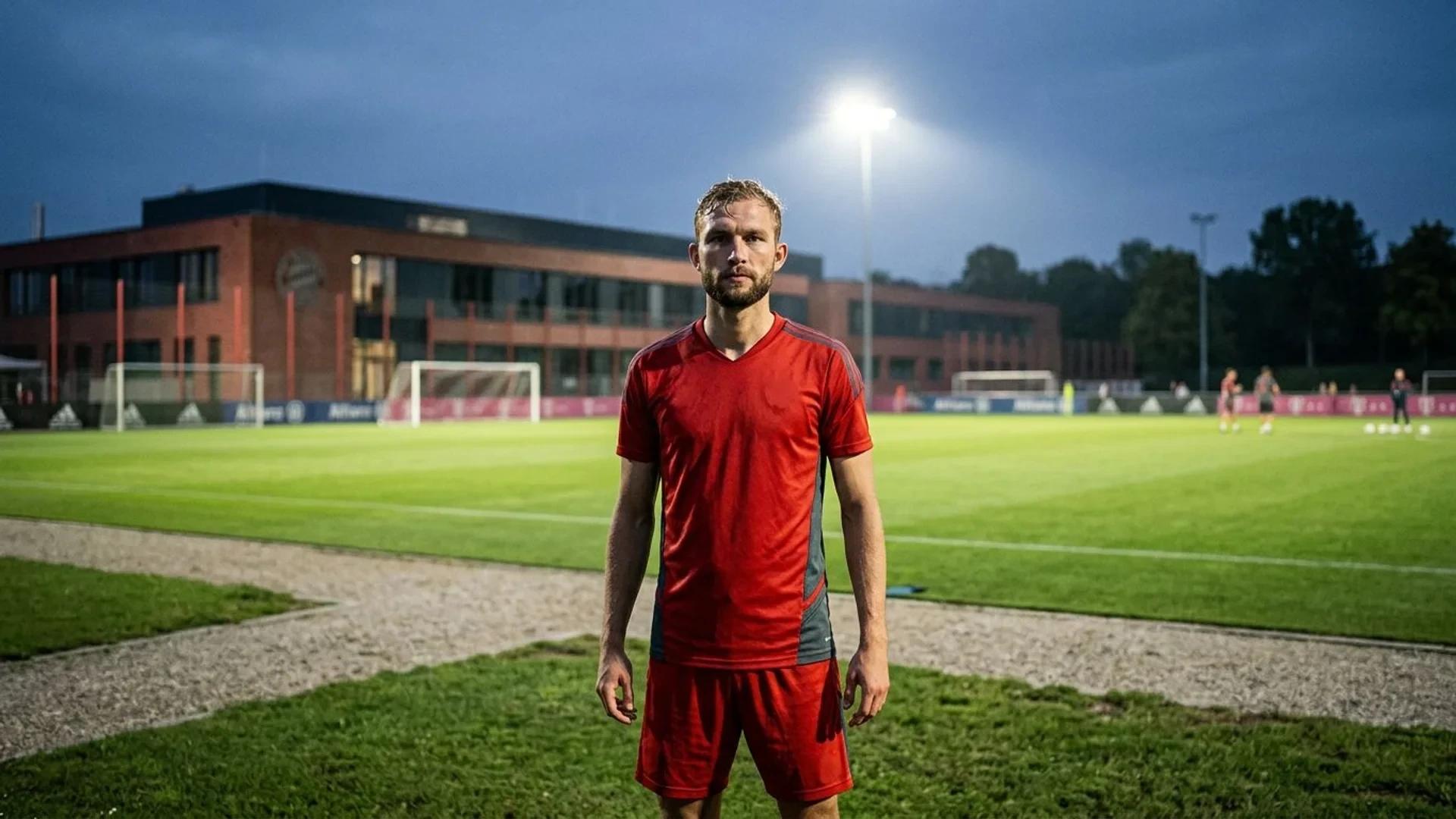 A footballer stands under a spotlight outside a training facility, with blurred surroundings.