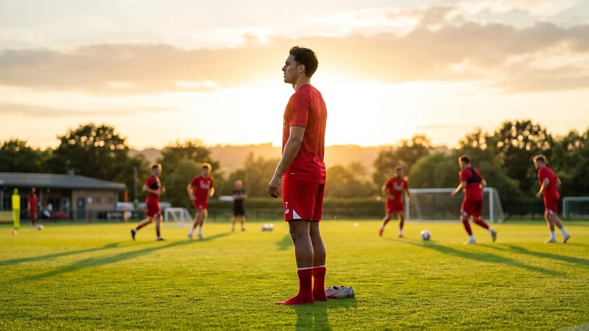 A young footballer stands on a training pitch during the golden hour, deep in thought.