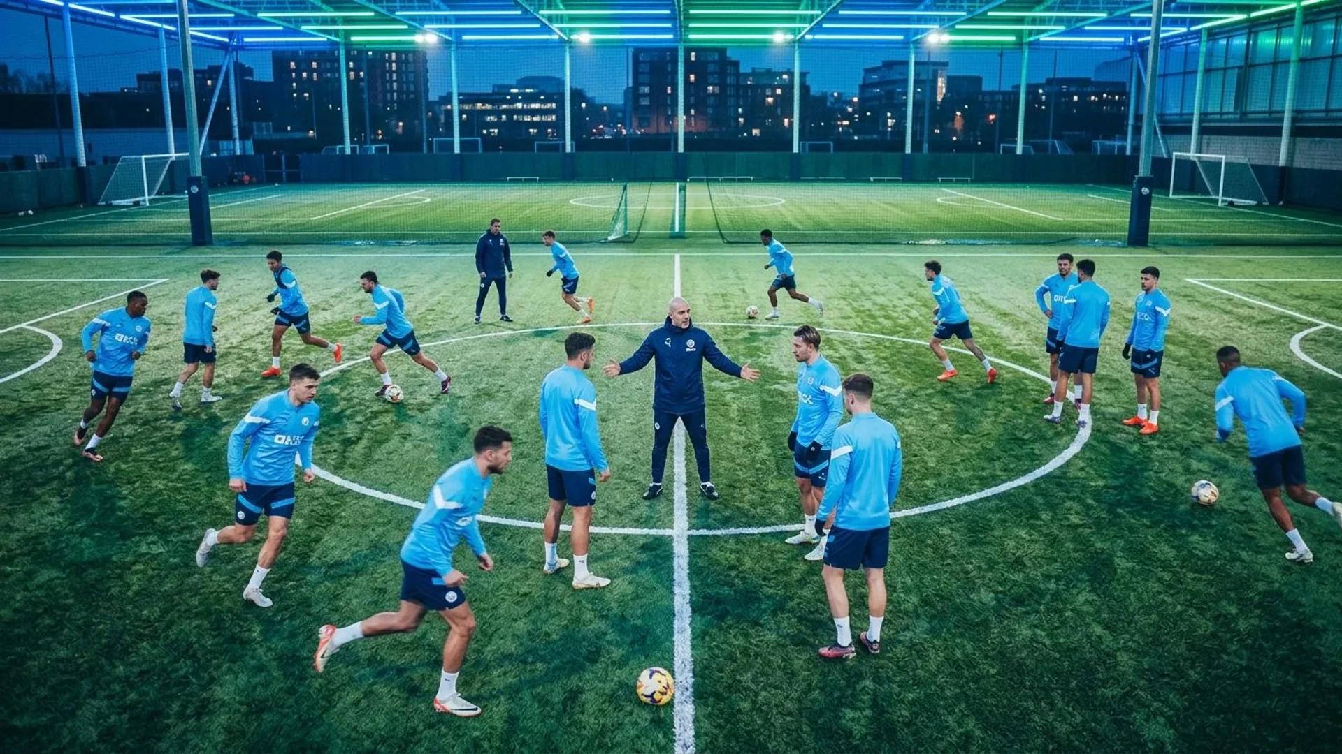 En fugleperspektiv av Manchester Citys treningsøkt med Enzo Maresca i sentrum.