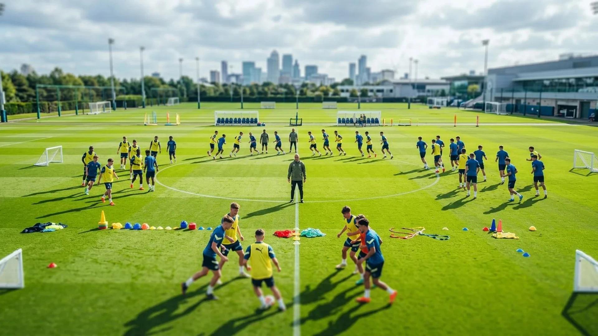 Bird's-eye view of Manchester City training ground showing players in action.