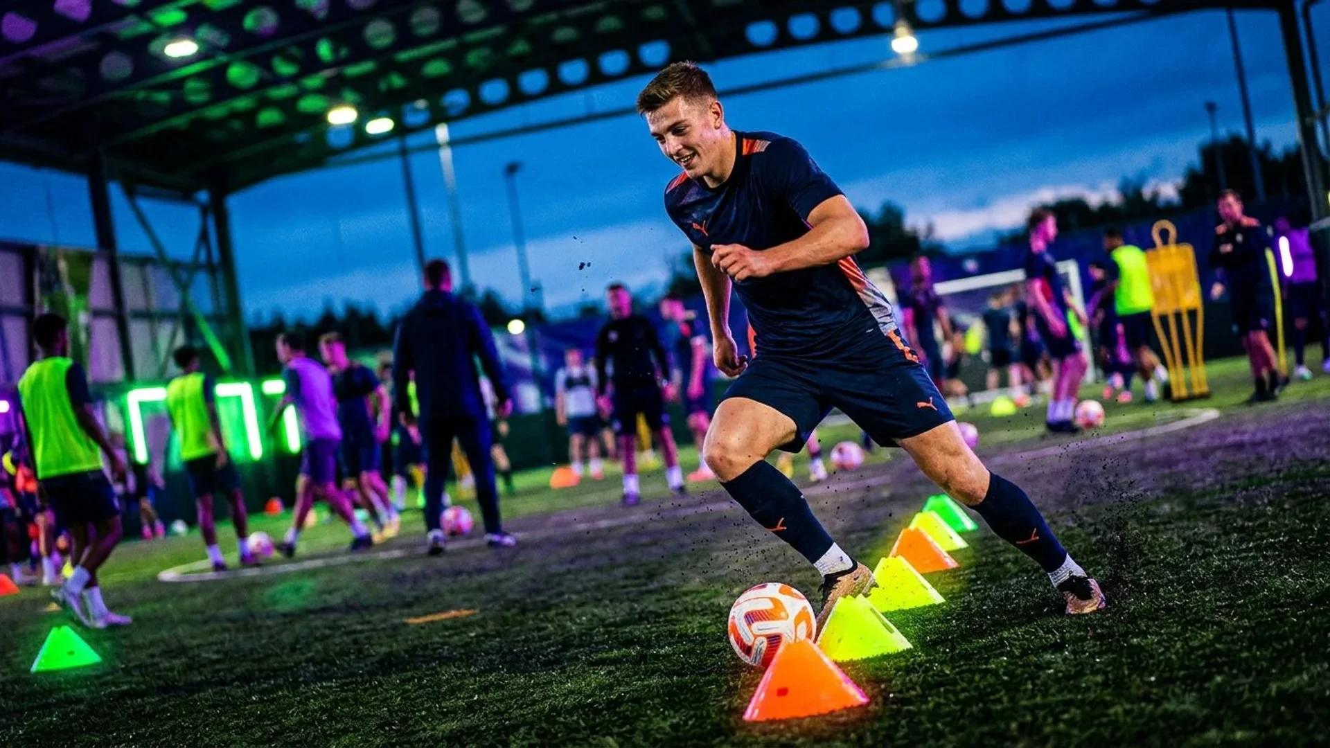 Liam Delap dribler en fotball under trening i et fargerikt og lysende miljø.
