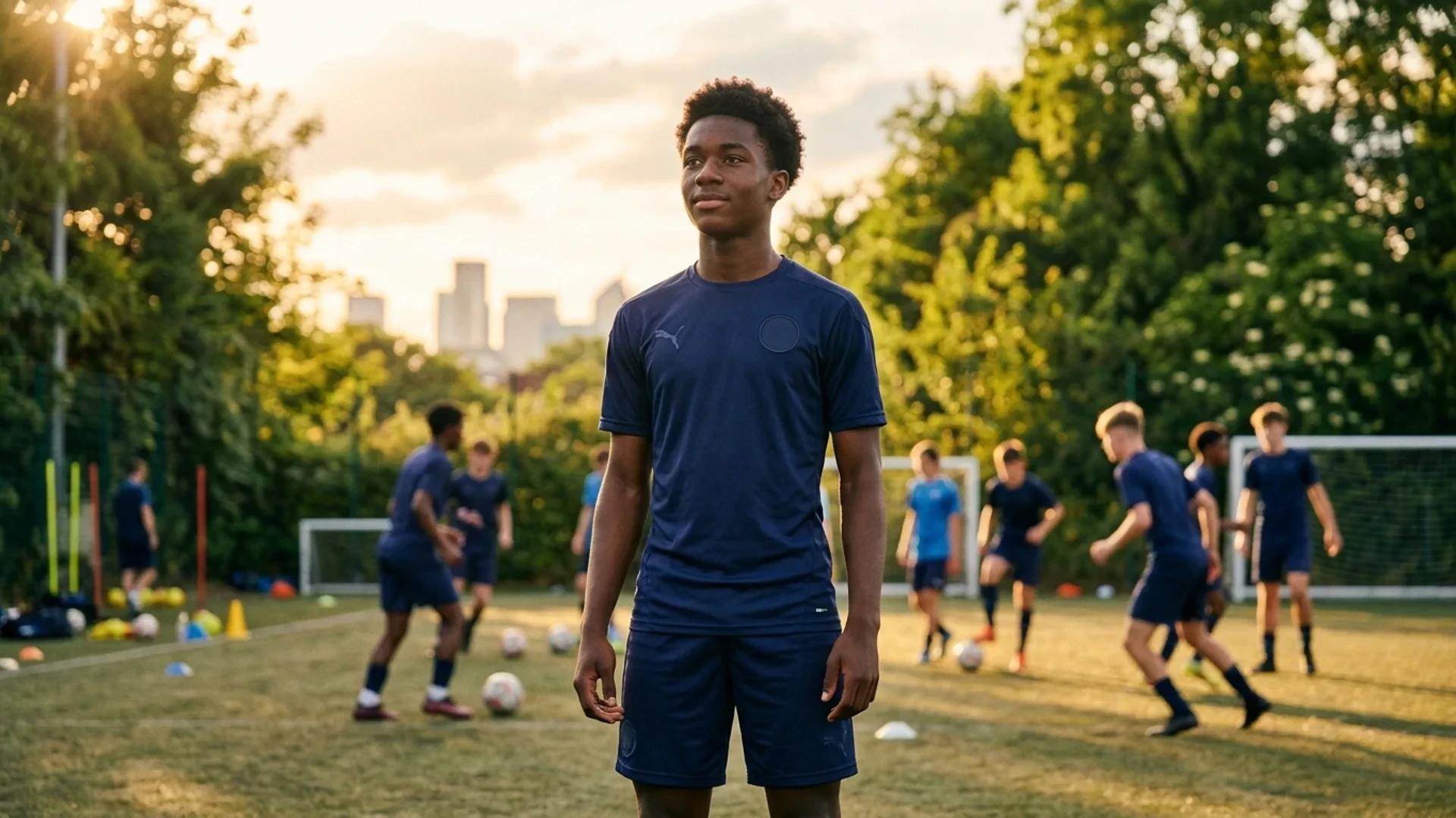 En ung fotballspiller, Mishel Nduka, står i en treningsfasilitet med sollys som skinner gjennom trærne.