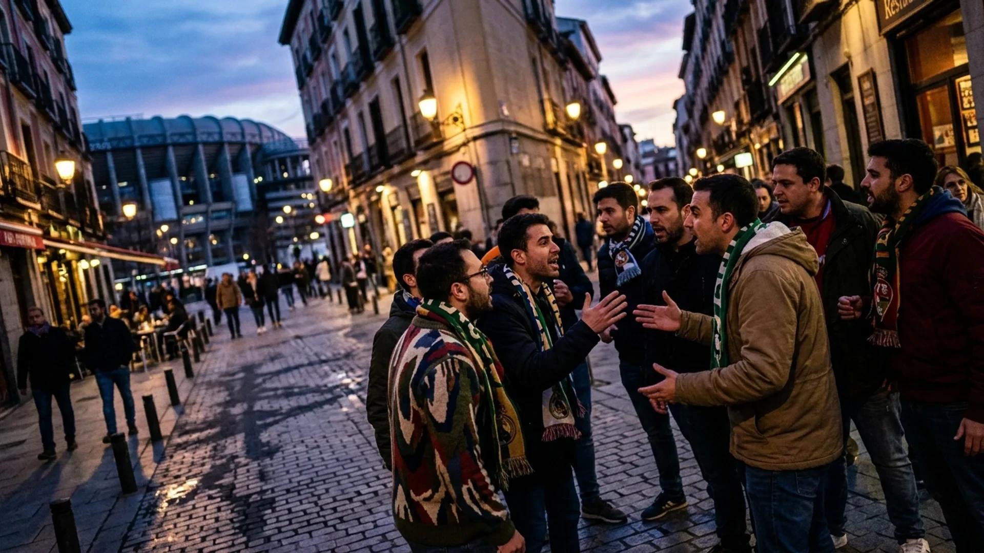 A group of animated football fans discussing passionately on a cobblestone street in Madrid during dusk.